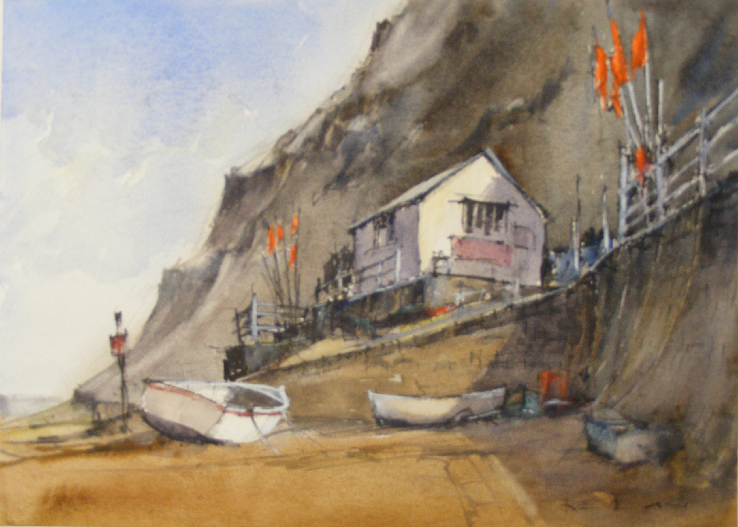 Painting of a back with cliffs and a building