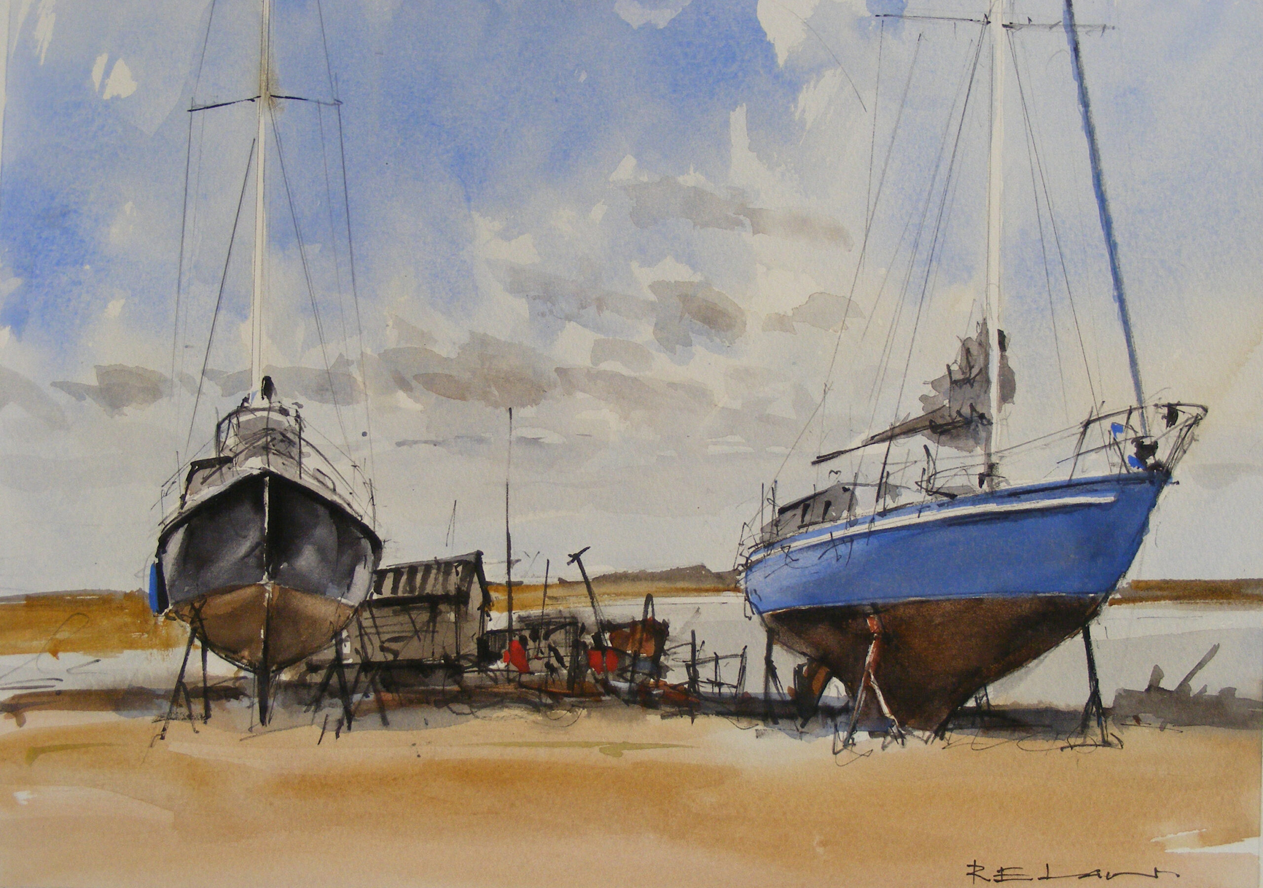 Painting of boats on struts on a beach