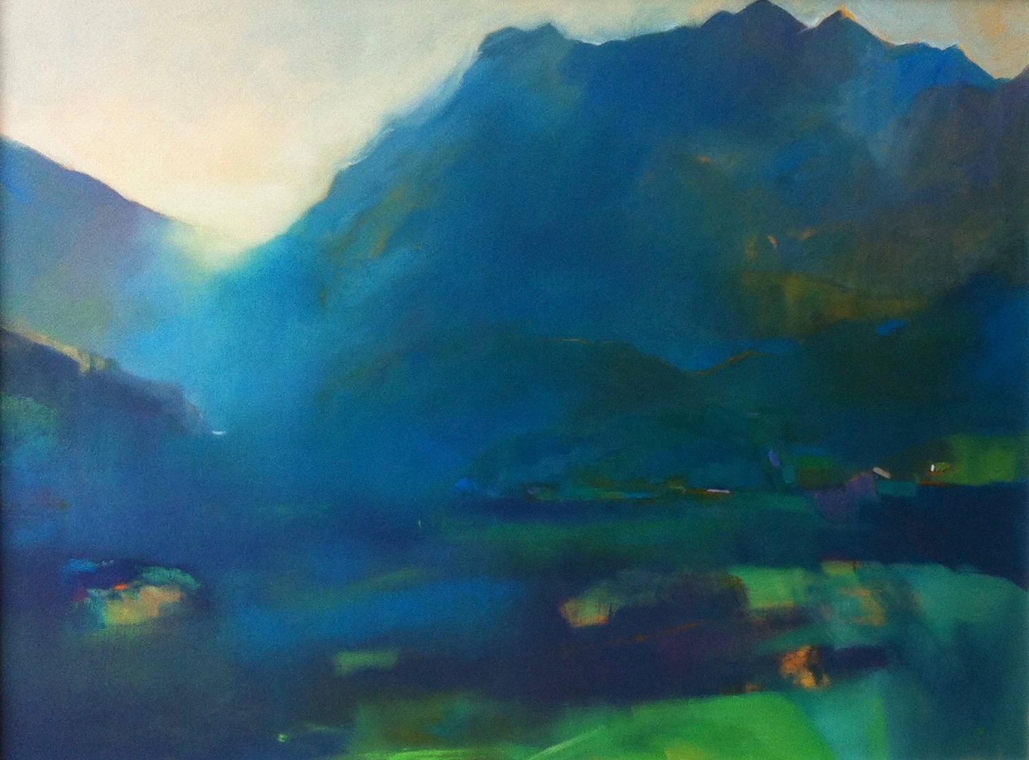 Painting of hills in blues and green