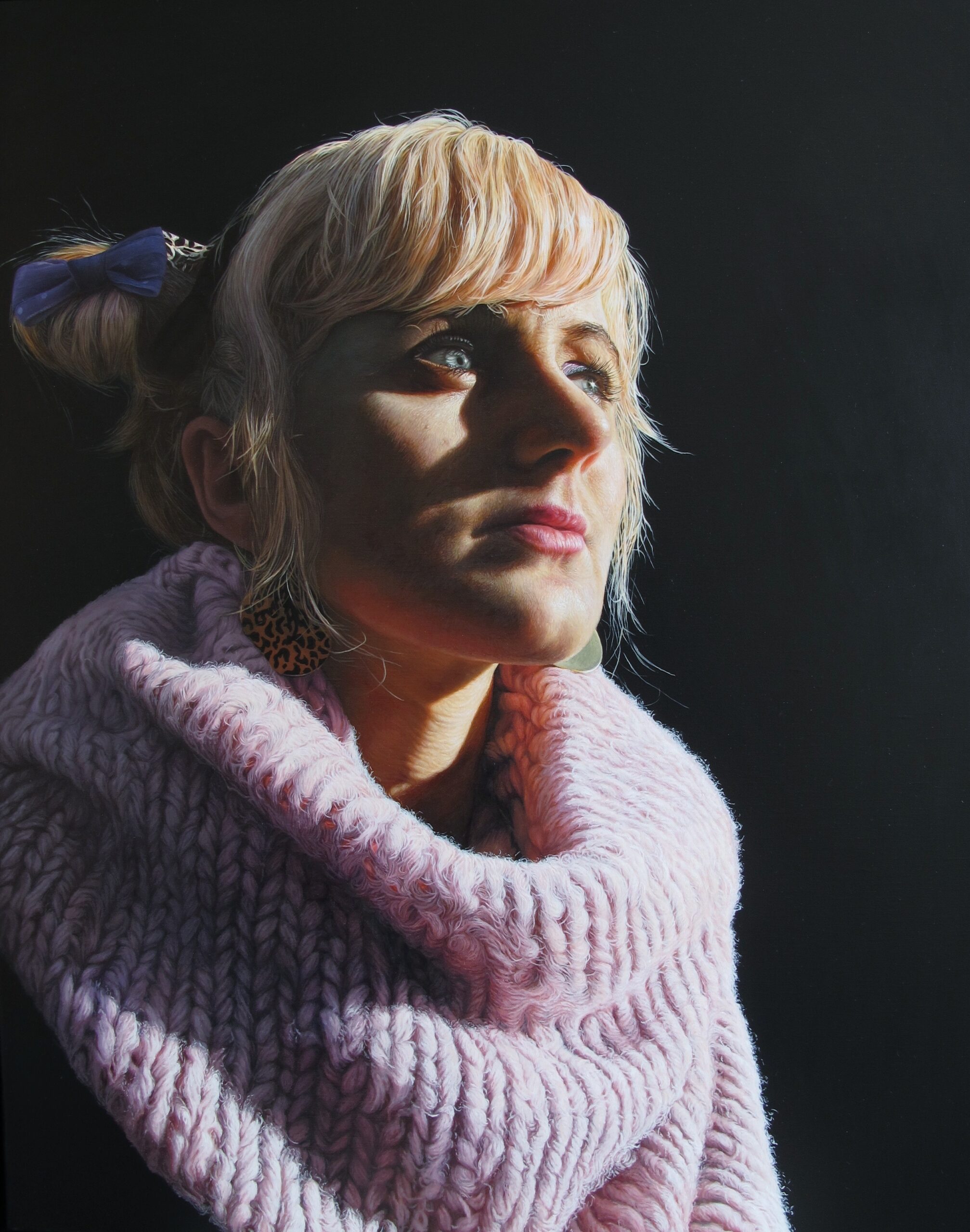 Painting of a girl wearing a purple fluffy jumper