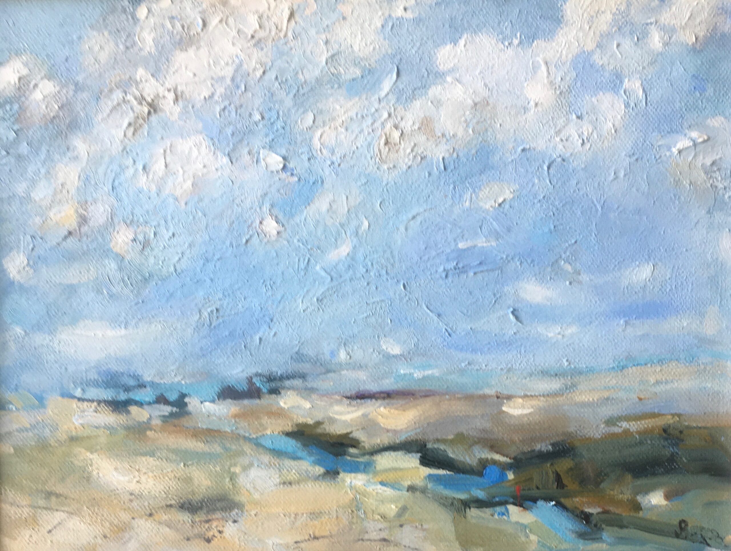 Painting of a beach and blue sky with white clouds
