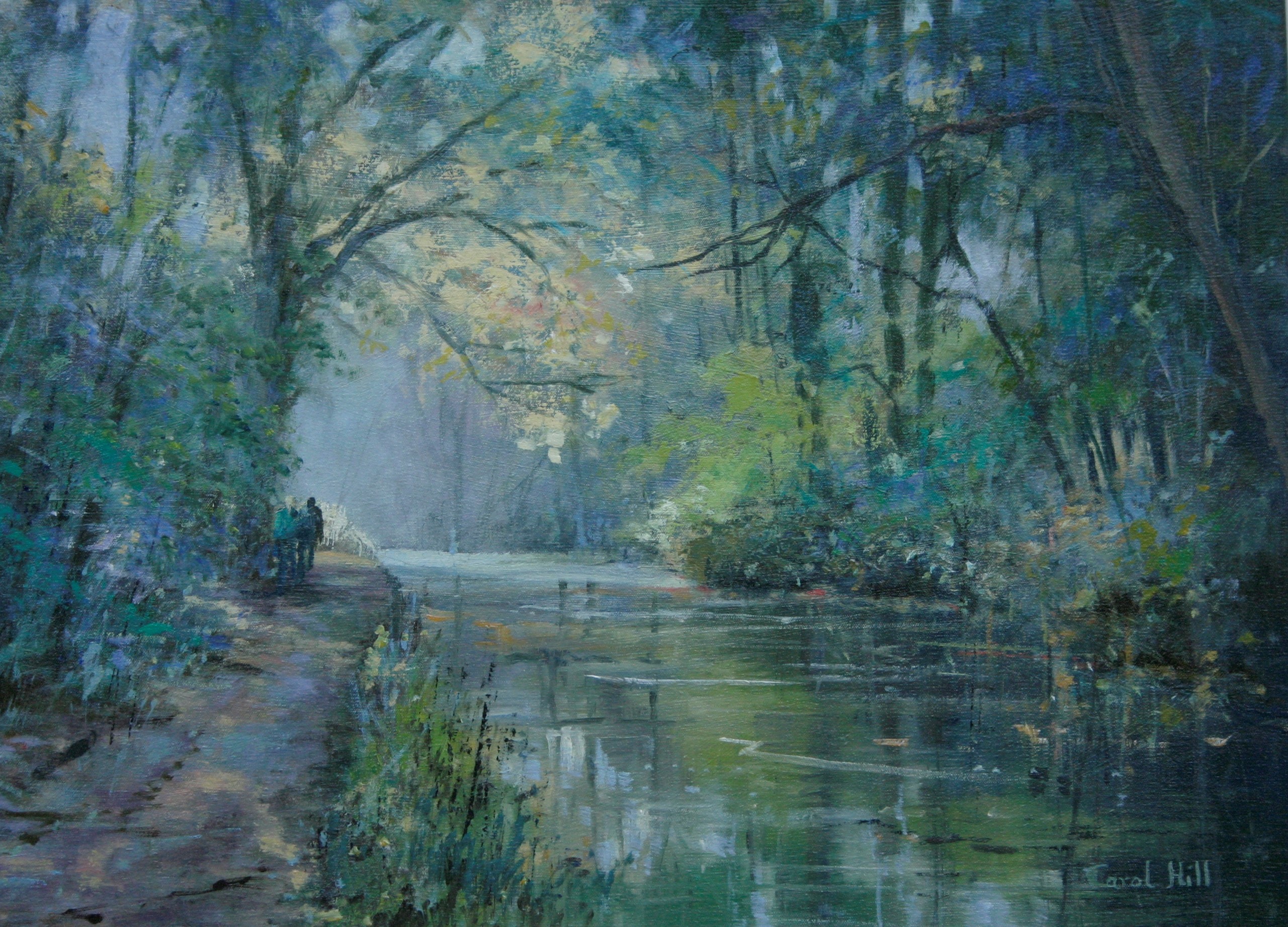 Painting of a river running through woods