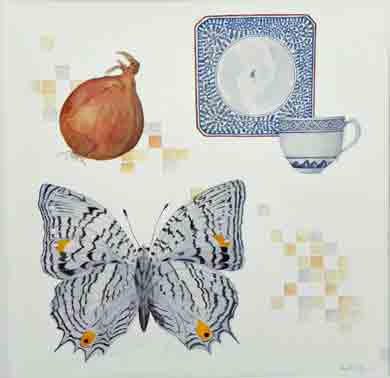 Painting of butterfly, onion and cup and saucer
