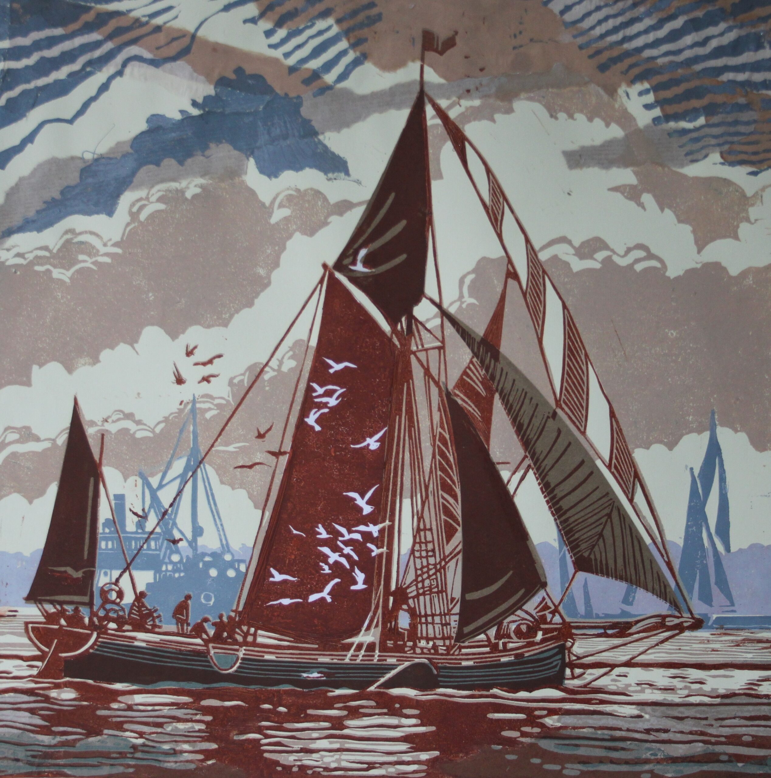 Red and blue print of boats on the sea