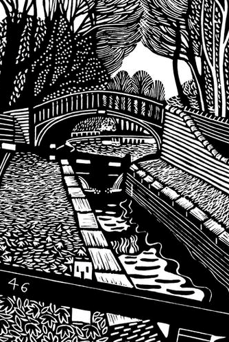 Black and white linocut showing a canal and lock