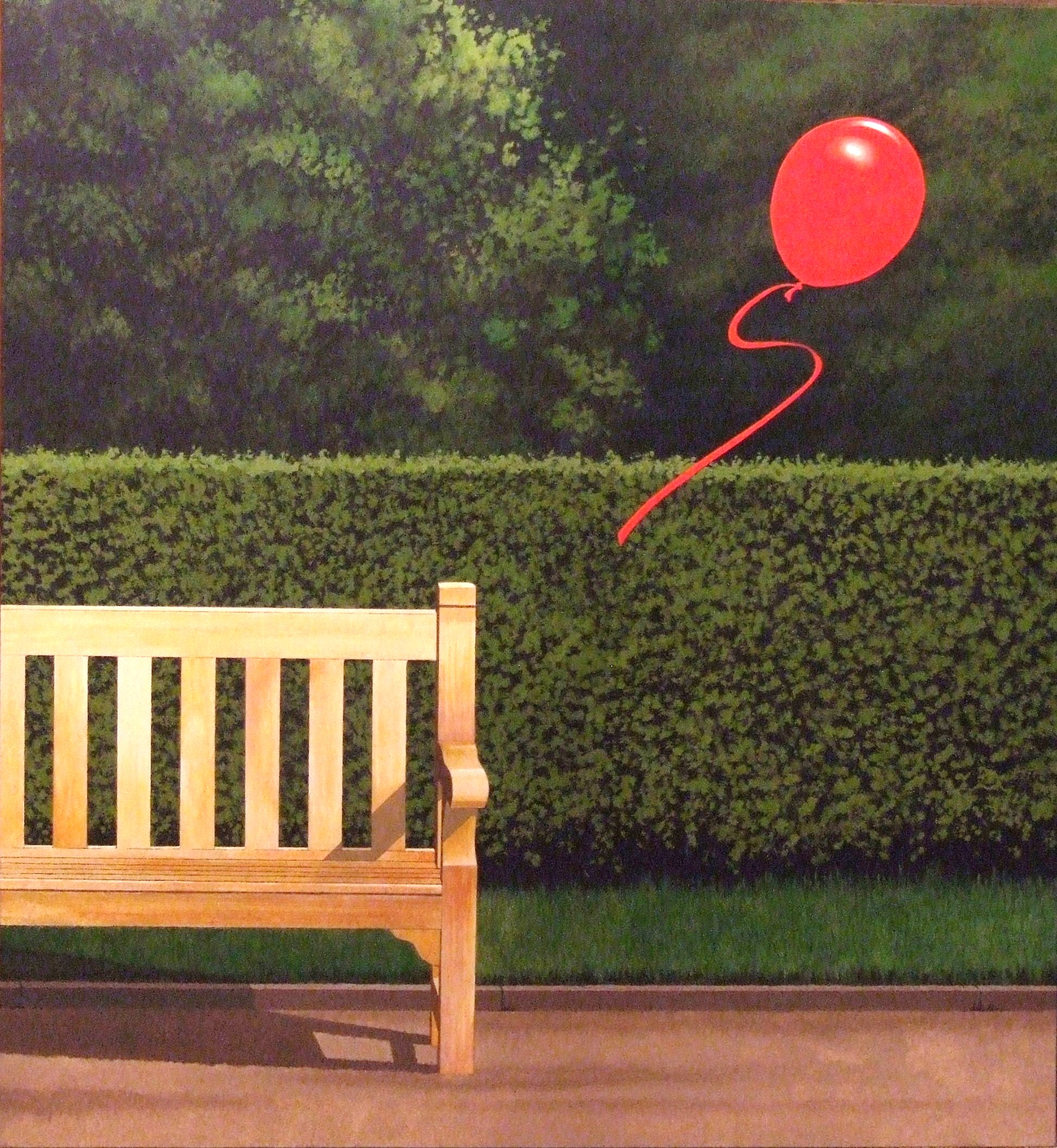 Painting of a red balloon floating past a park bench