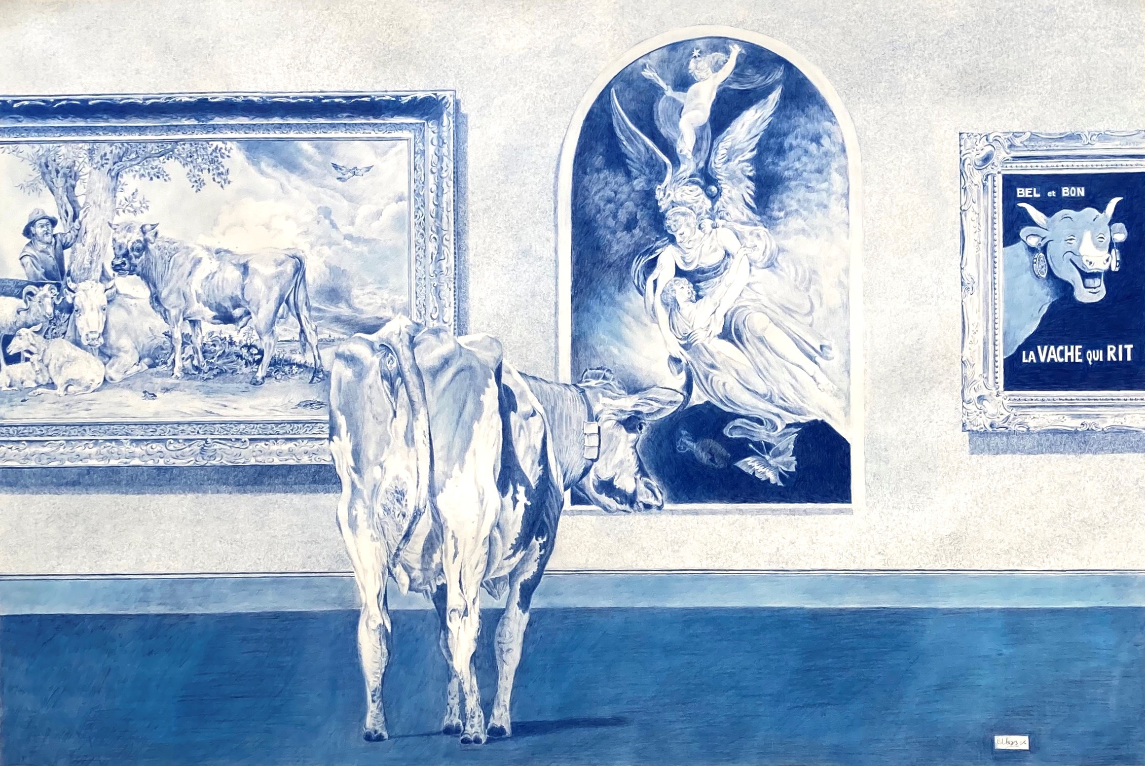 Blue pencil drawing of a cow in an art gallery