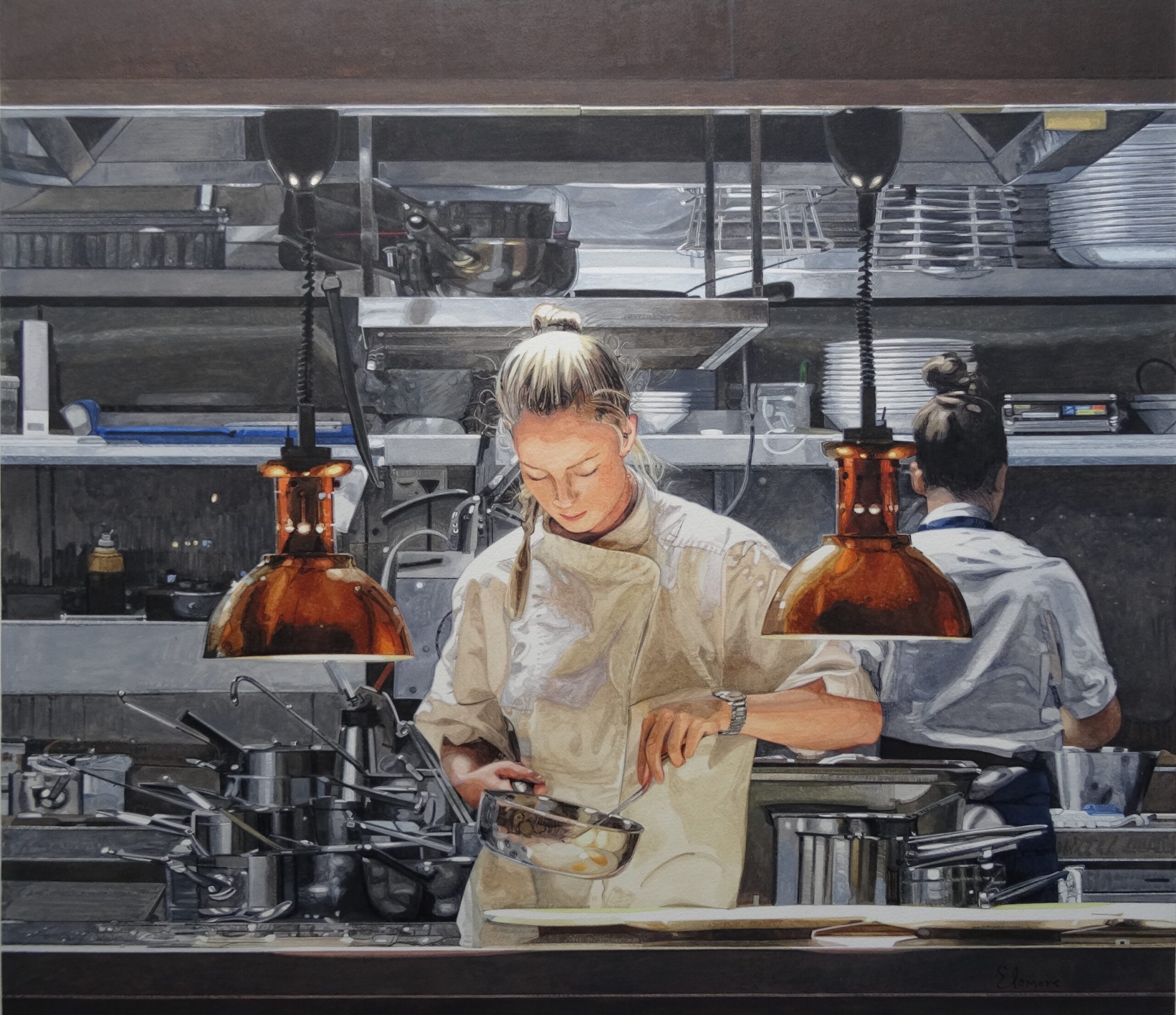 Painting of a female chef cooking an omelette