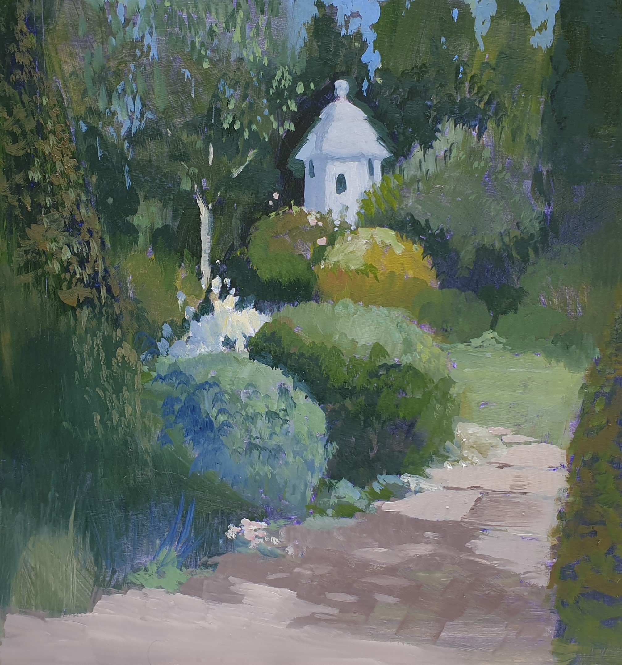 Painting of a garden with dovecote