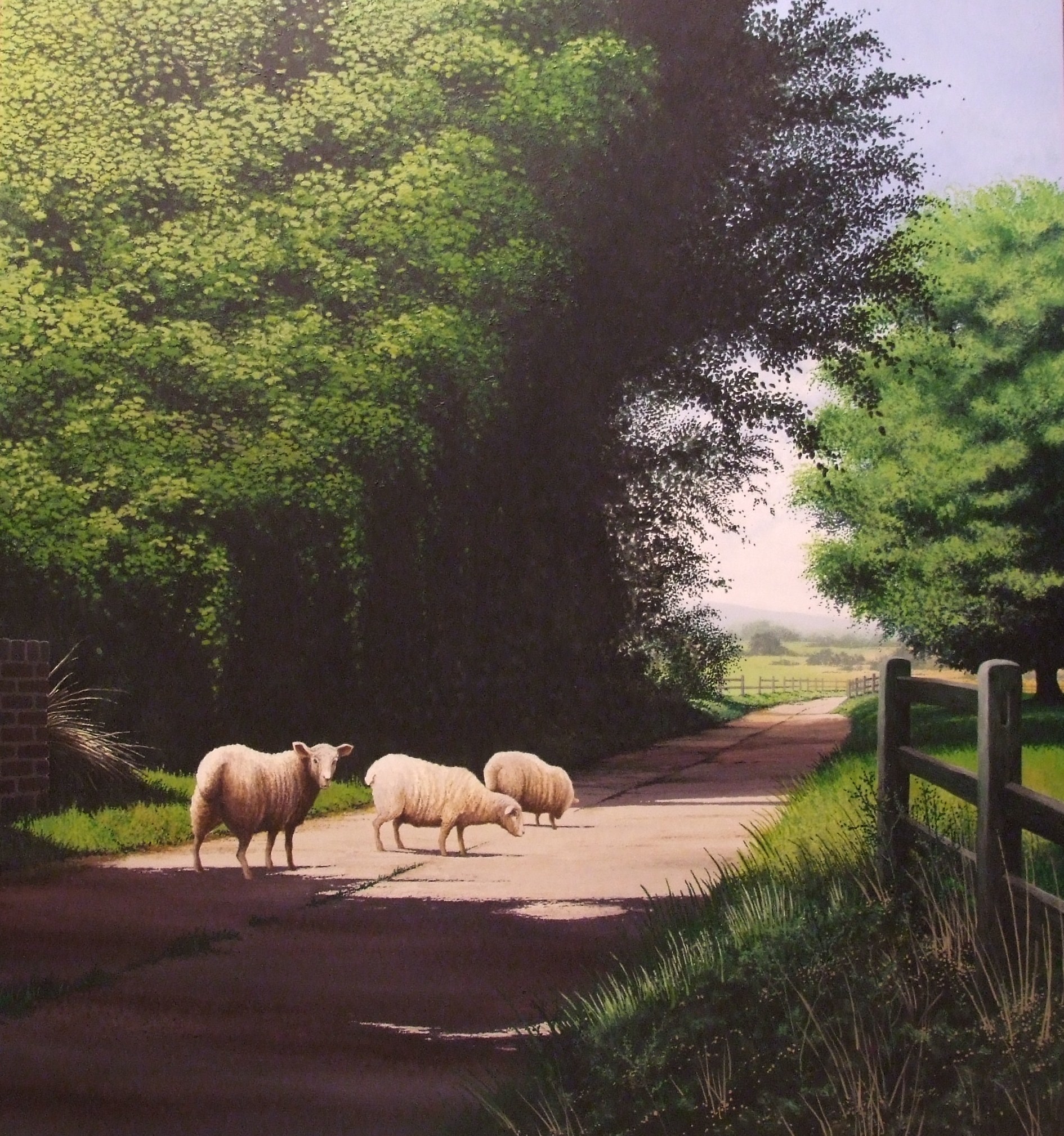Painting of sheep on a road