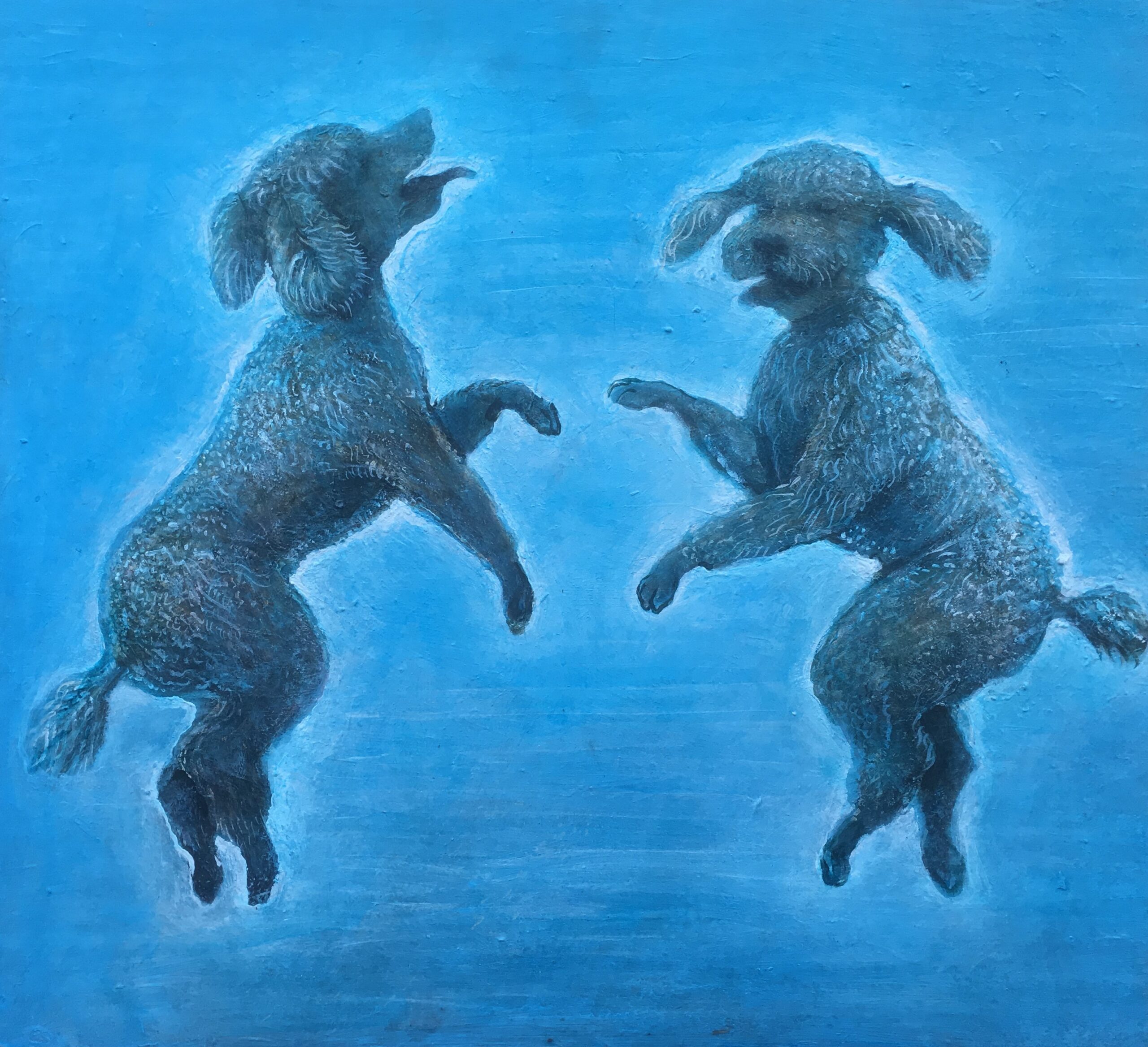 Painting of two poodles in a blue background