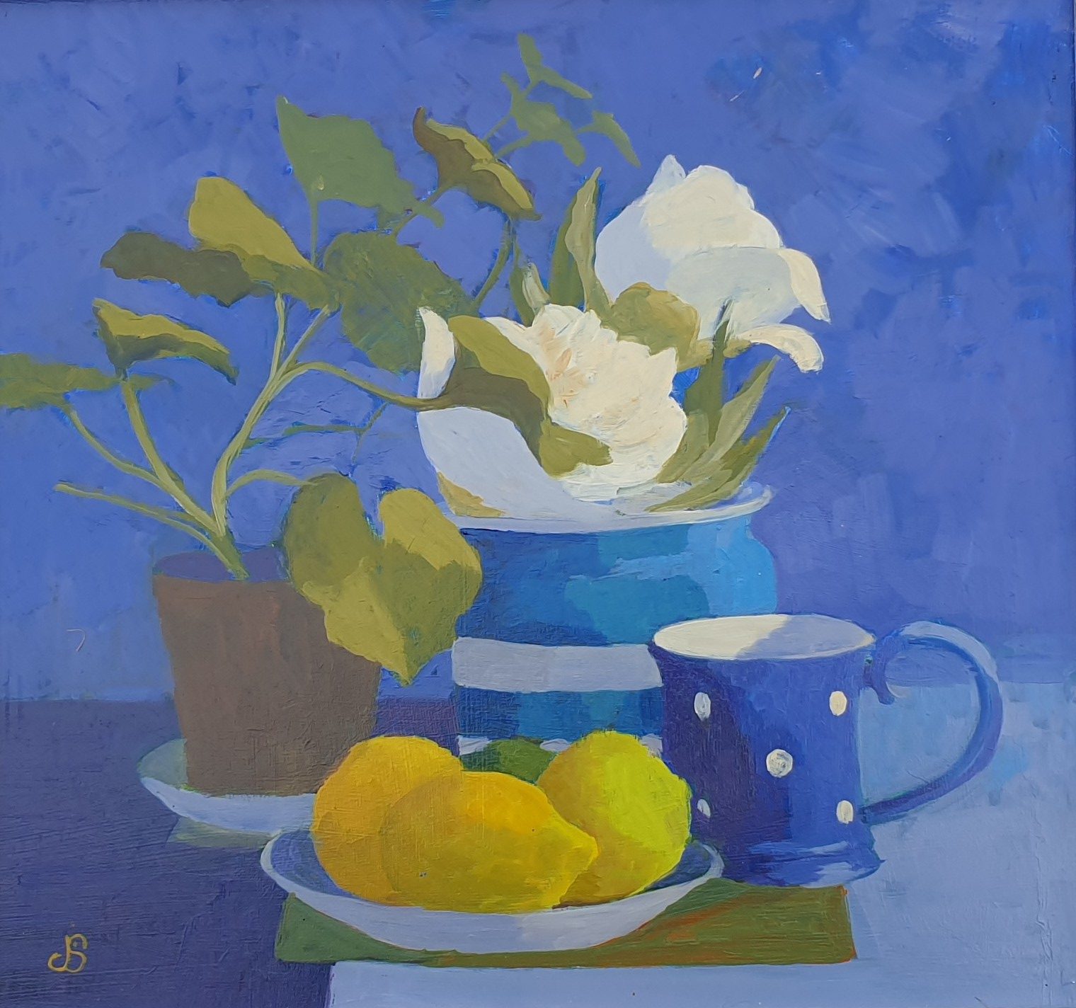 Painting of a still life in blue