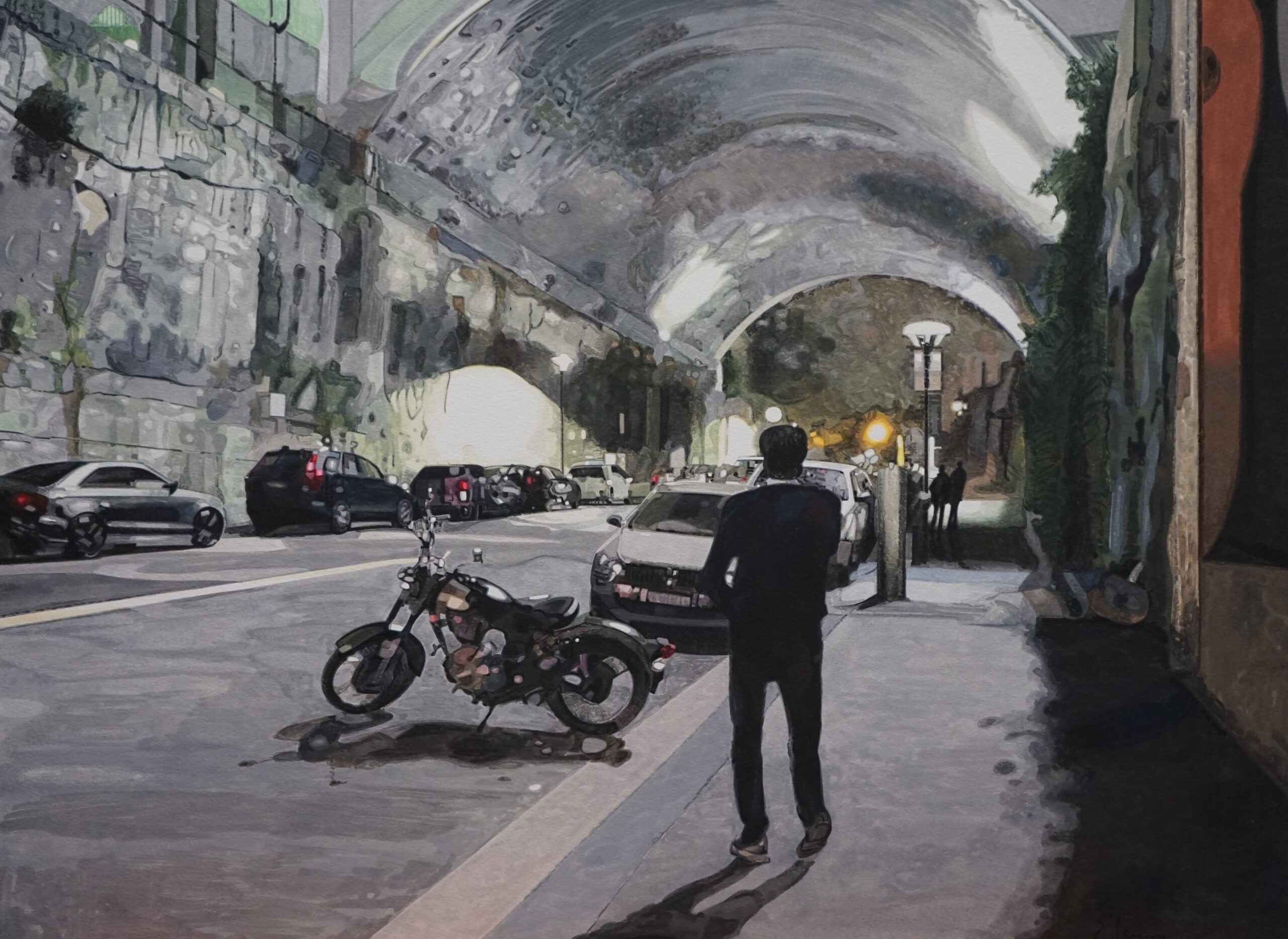 Painting of a man and a motorcycle under arches