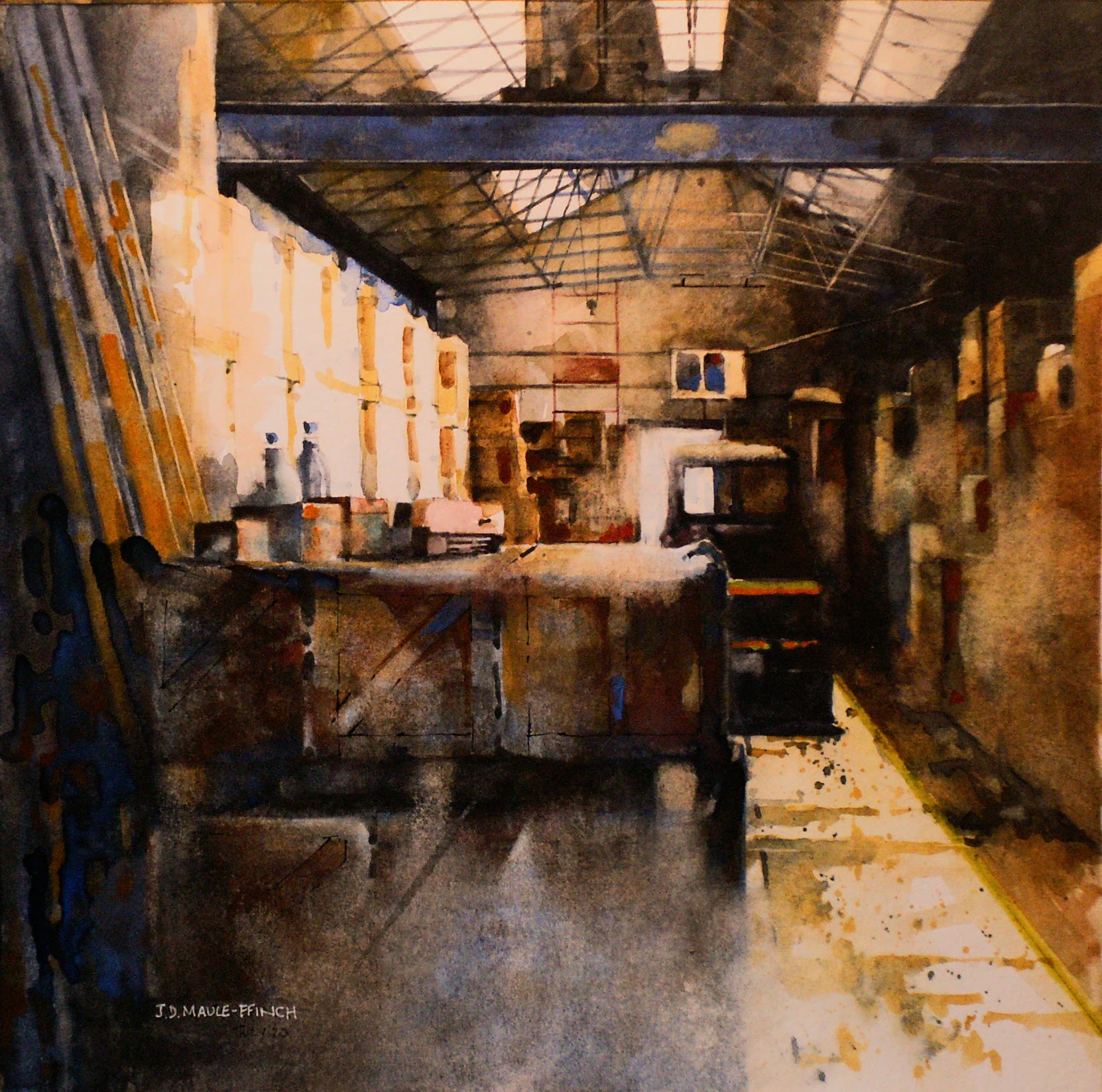 Painting of interior of a warehouse