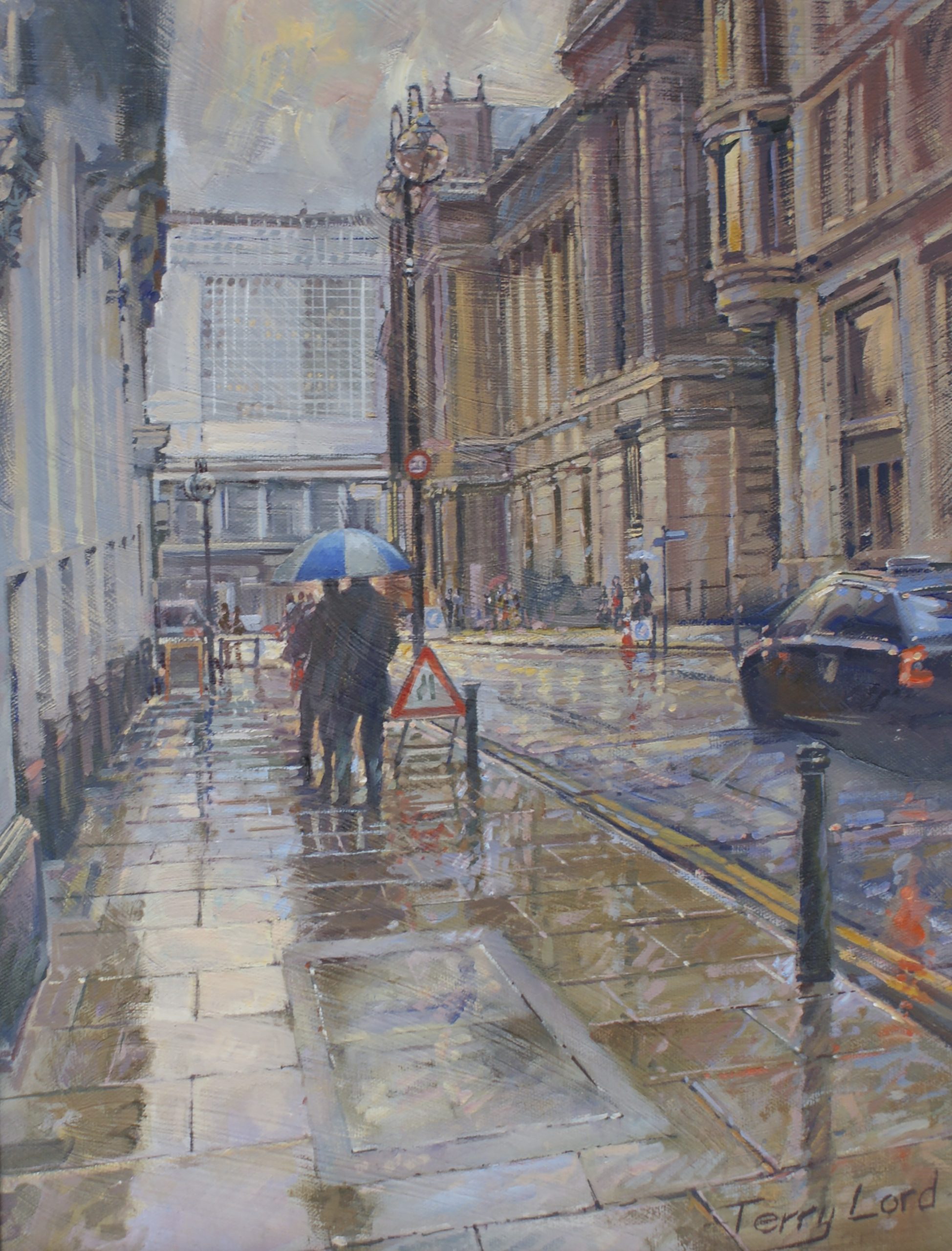 Painting of a rainy day in a city street with figures with umbrellas