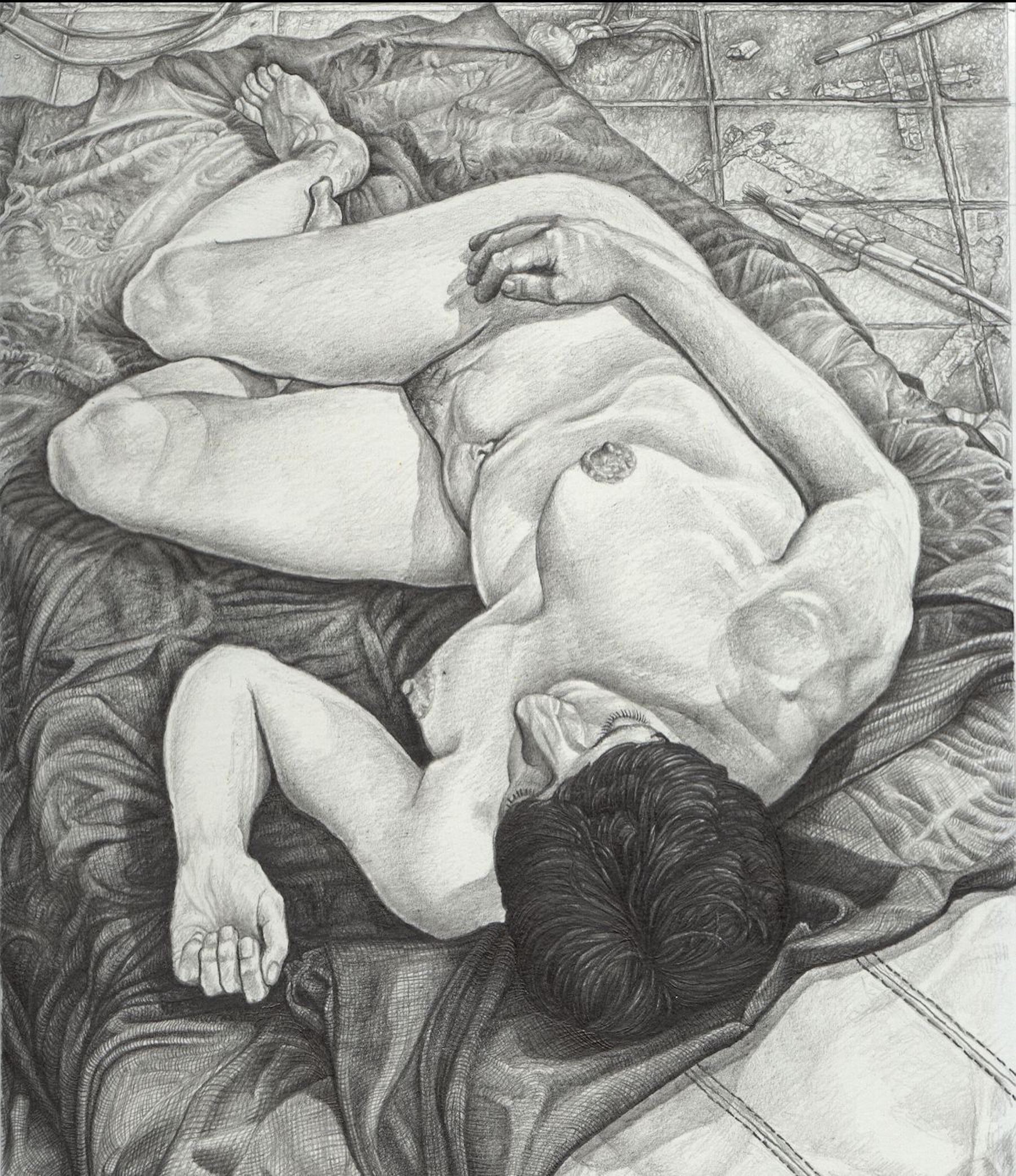 Black and white painting of a naked woman reclining on a bed