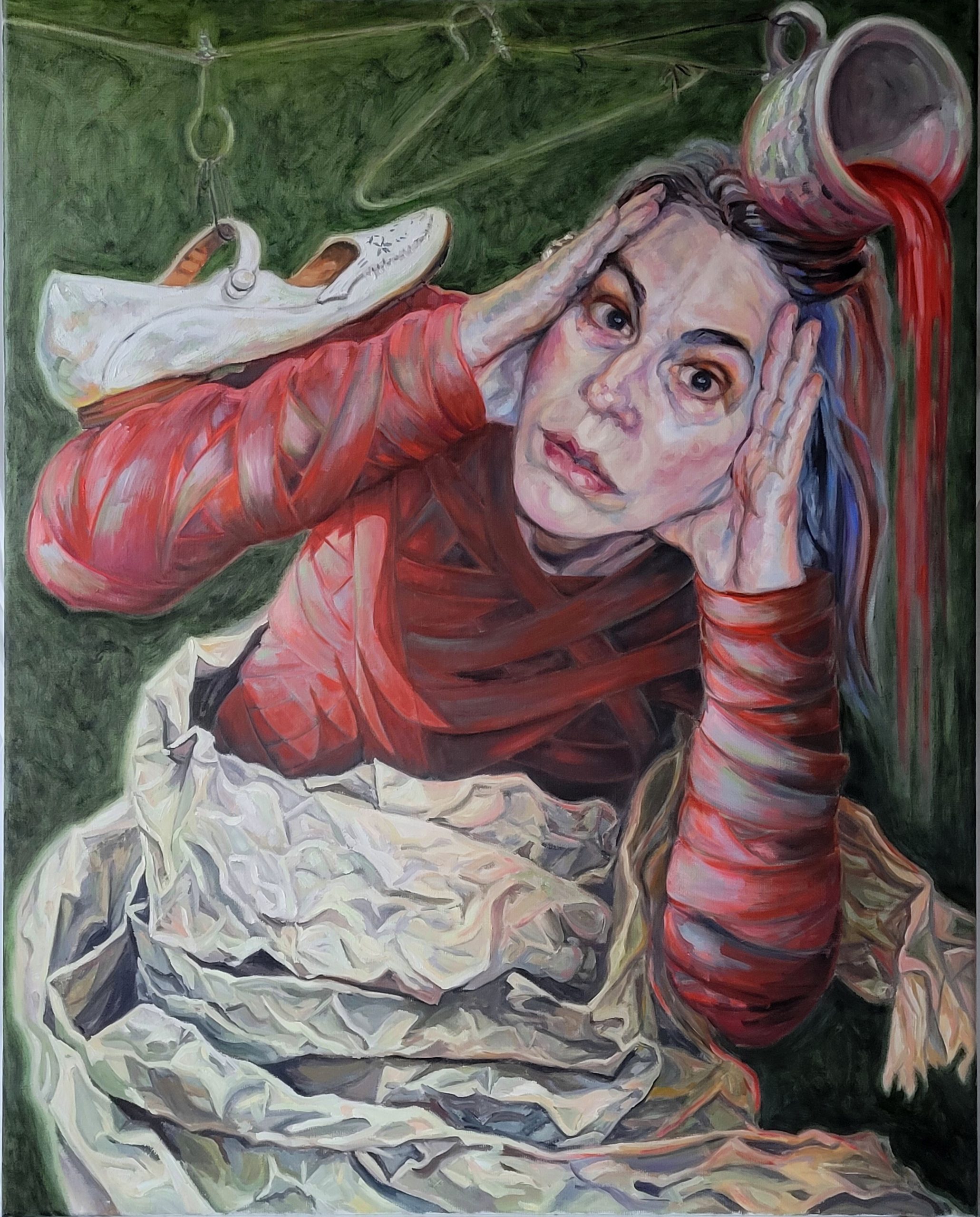 Painting of a woman in red looking at the viewer