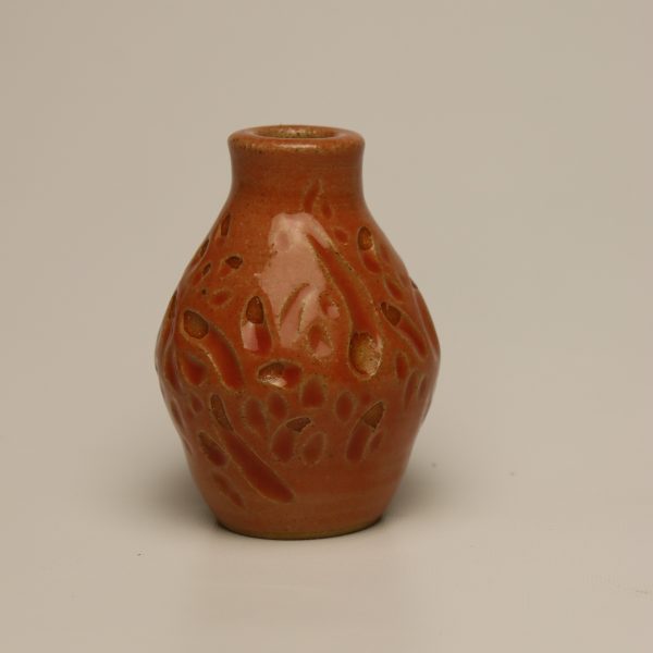 Narrow Necked Carved Orange Stoneware Bud Vase