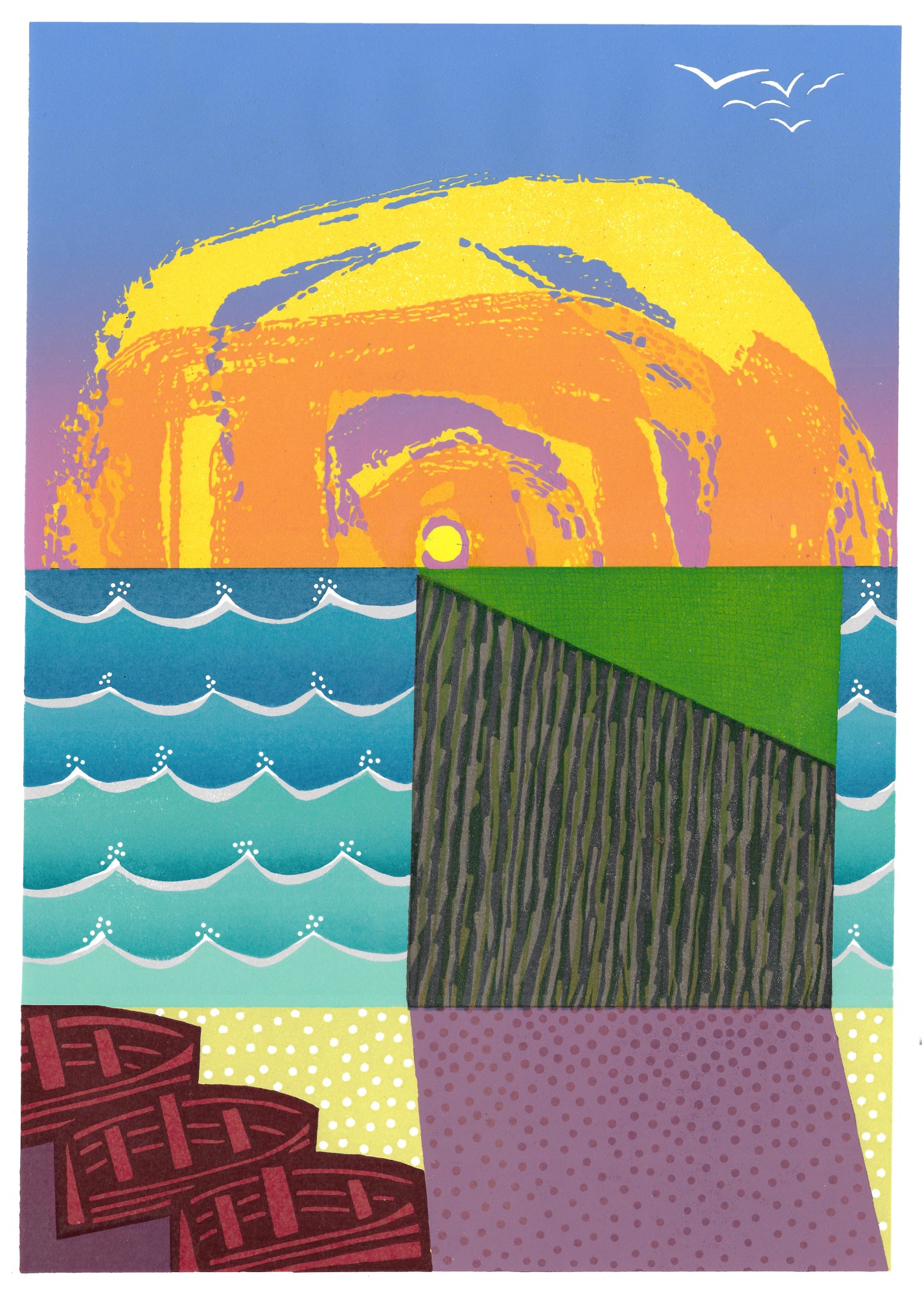 Bright coloured print of a seascape
