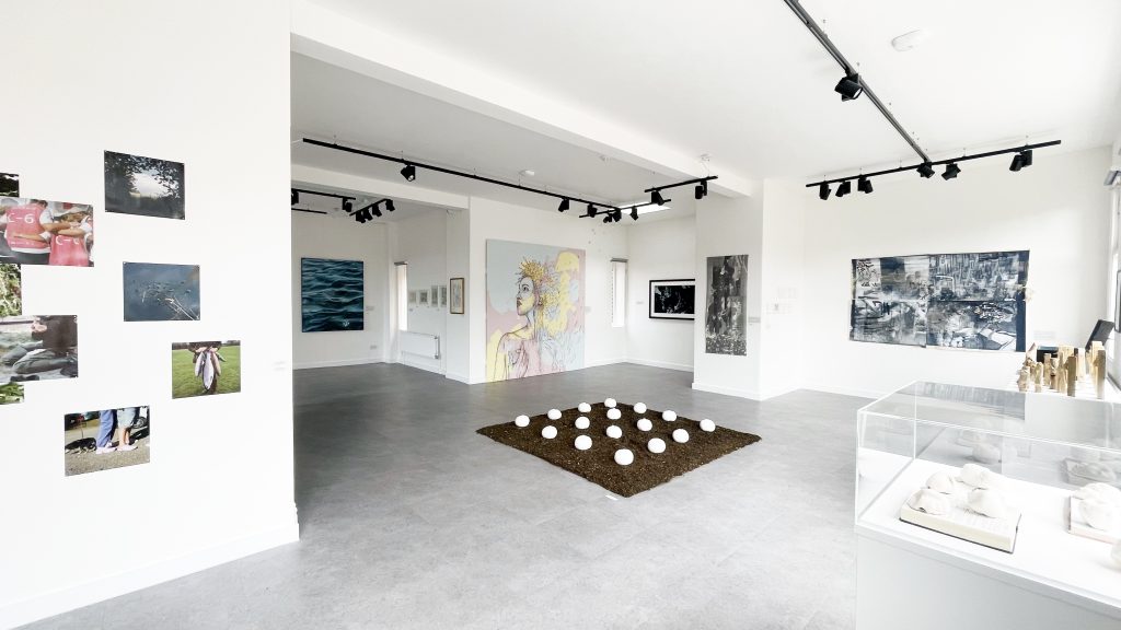 Photograph of an art exhibition in a white room