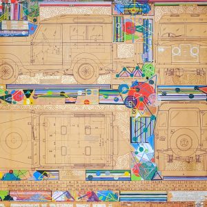 Colourful drawings on top of a technical drawing of a landrover