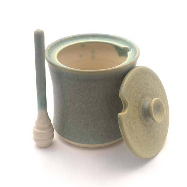 Honey Pot with Dipper in Sea Green Glaze